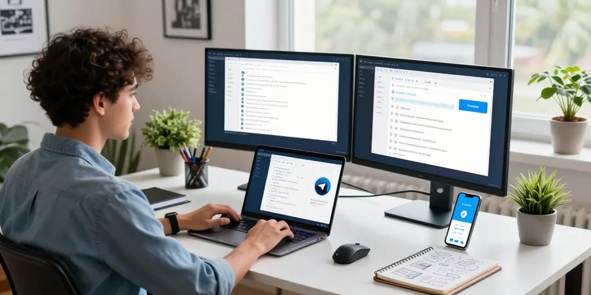 Professional using the Telegram Web Version in a vibrant office, showcasing efficient remote collaboration.