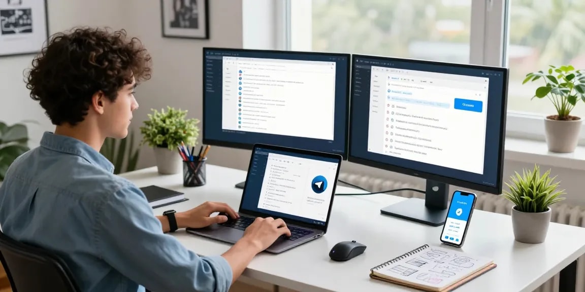 Professional using the Telegram Web Version in a vibrant office, showcasing efficient remote collaboration.