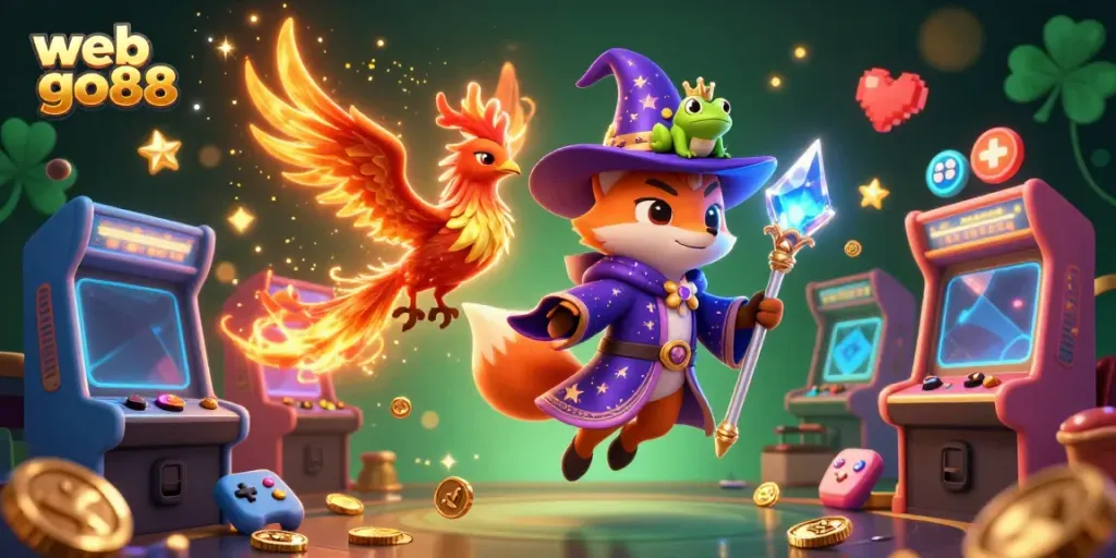 Engage with an enchanting scene of web go88 featuring a wizard fox, phoenix, and rich casino elements.