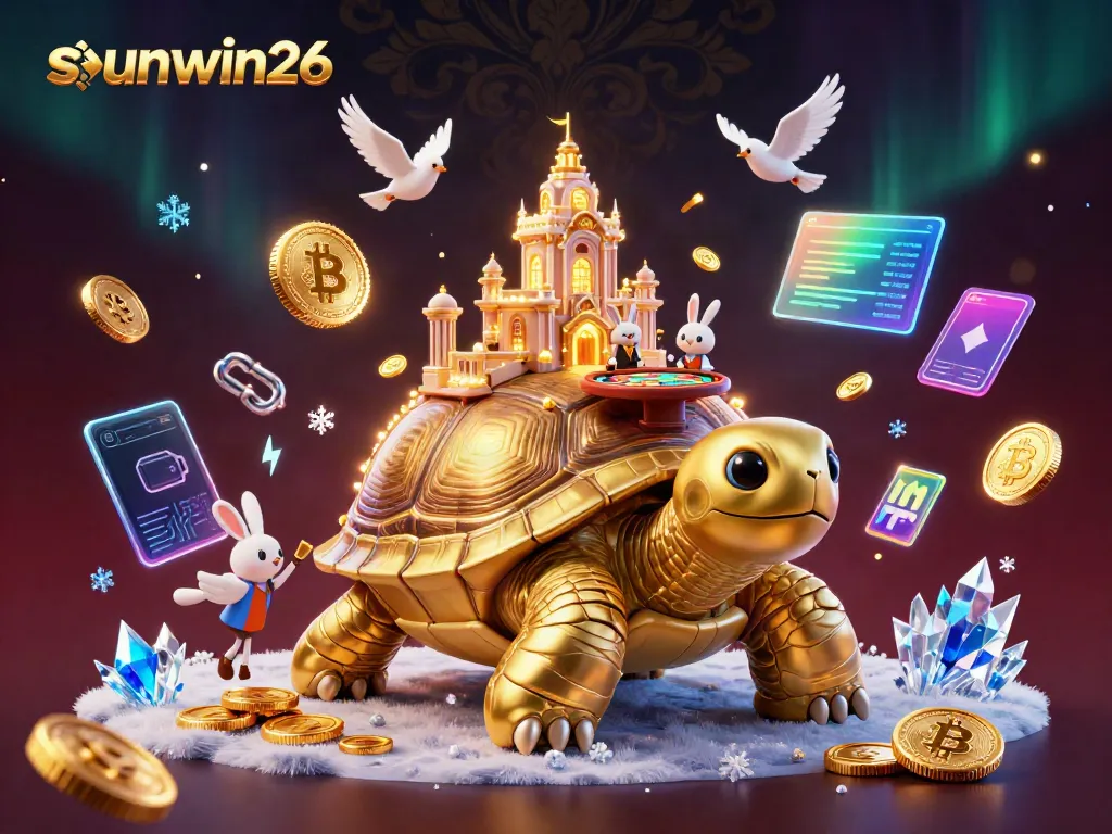 Experience excitement at sunwin26 with a golden tortoise casino, featuring a rabbit dealer and golden flying coins.