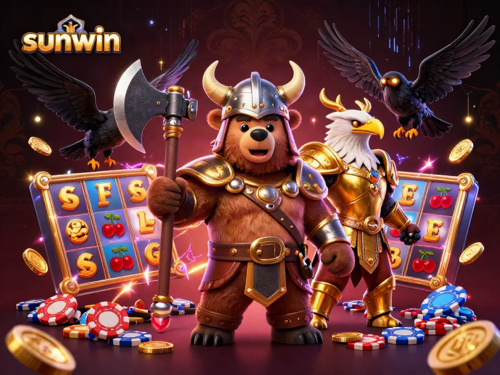 Experience sunwin's vibrant slots action with Viking characters and casino-themed elements.
