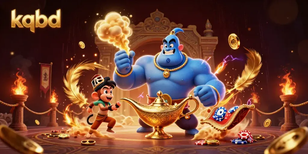 Watch kqbd render the dynamic scene with a genie and poker chips on a magic carpet amidst vibrant gambling elements.