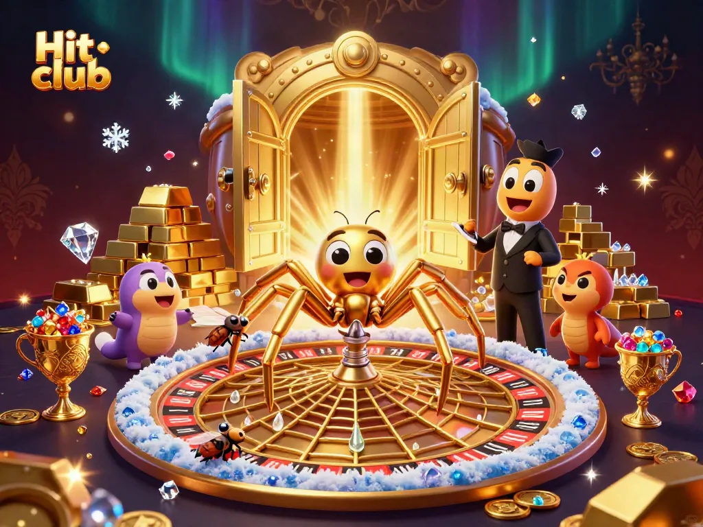 Engage with the Hit club scene, featuring a roulette-themed web, as the golden spider spins and players place bets.