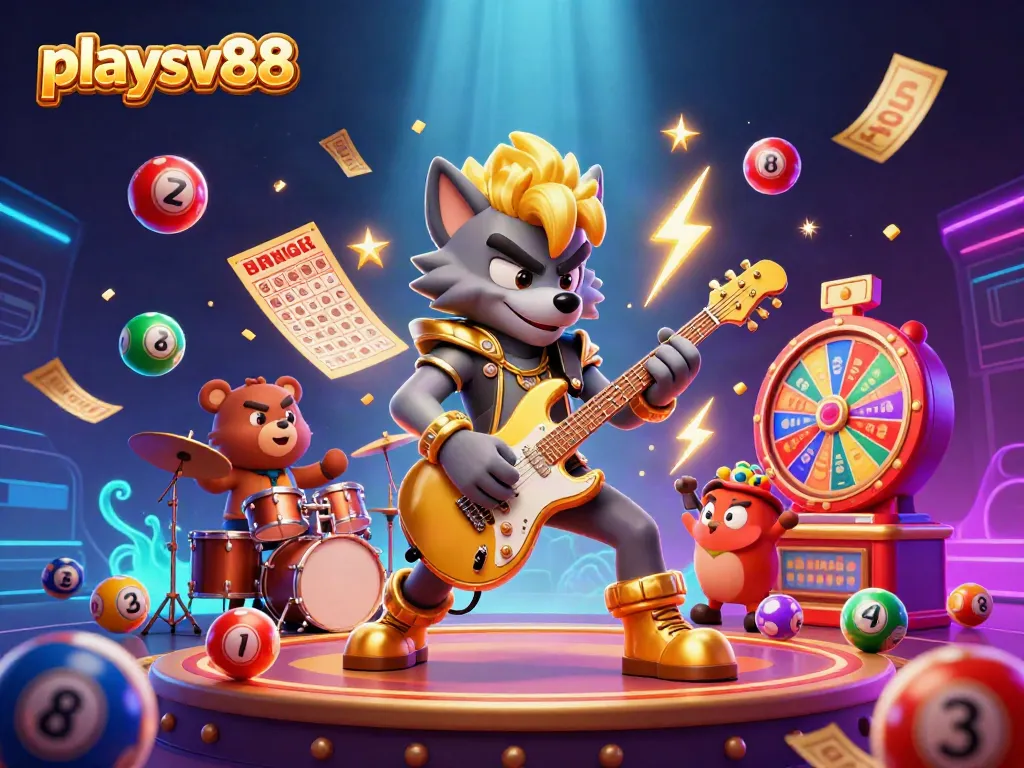 Experience the vibrant energy of playsv88 with a rock star wolf, drummer bear, and dynamic casino elements.
