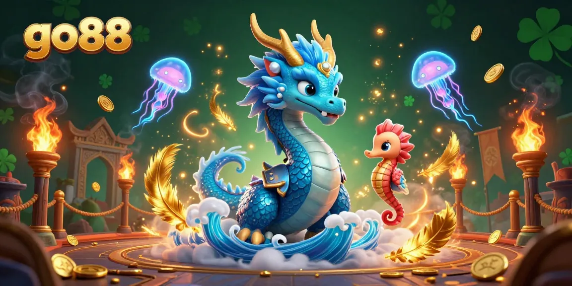 Experience go88's thrilling gaming adventures with majestic dragon, seahorse knight, and vibrant jellyfish.