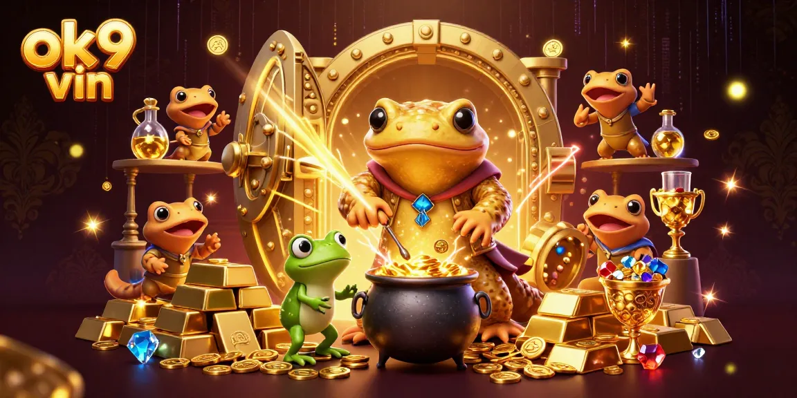 Join the excitement at ok9 vin with a 3D digital illustration of a golden salamander alchemist and gambling treasures.