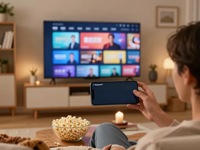 PikashowTV download displayed on smartphone while streaming in a cozy living room.