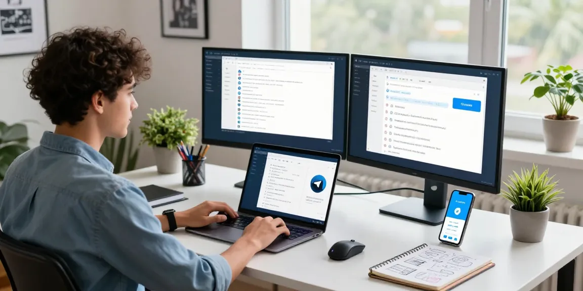 Professional using the Telegram Web Version in a vibrant office, showcasing efficient remote collaboration.