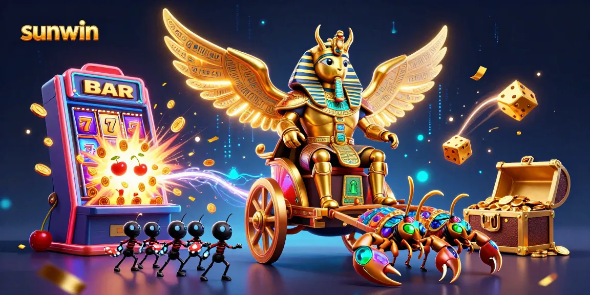 Experience sunwin with a colossal scarab beetle amid dynamic casino elements and epic winnings.