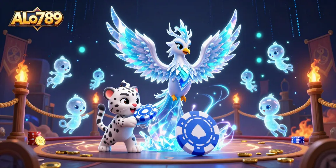Engage with ALo789 in a vibrant ice phoenix-themed online gambling arena filled with excitement and dynamic energy.